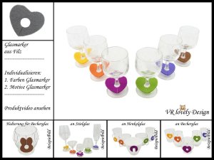 Glasmarker aus Filz 6 St "Herz" Farbwahl Motivwahl